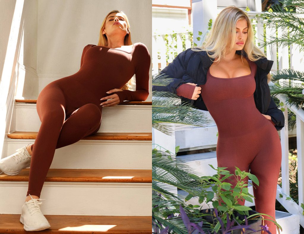 Seamless Thumb Hole Square Neck Long Sleeve Jumpsuit