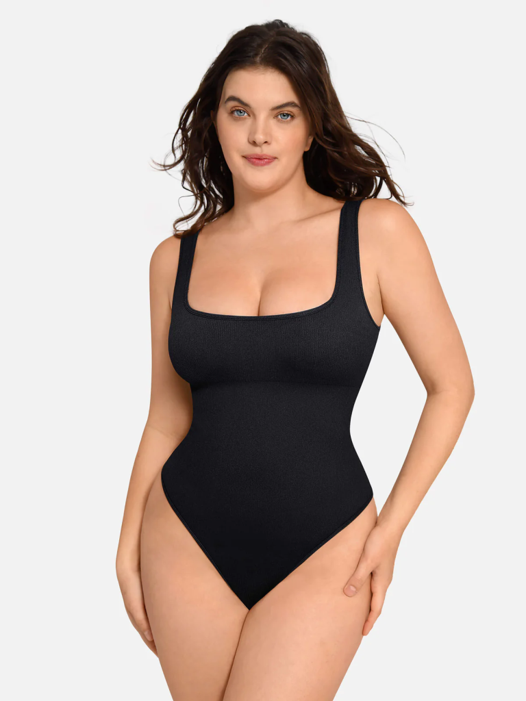 Feelingirl Back Cross Strap Square Neck Thong Bodysuit
